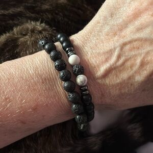 2 Lava Stone and White Howlite Stone Complimentary Bracelets